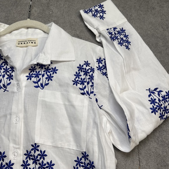 Handmade Tops - Handmade Ukraine Blue White Embroidered Vyshyvanka Button Up Blouse Medium